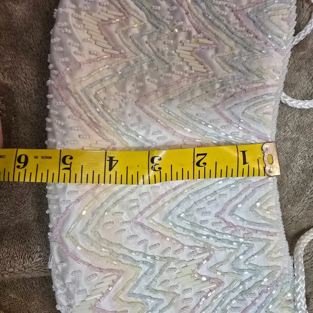 White Beaded Chevron Pattern Evening Purse With Satin Lining & Braided Strap - Picture 5 of 9